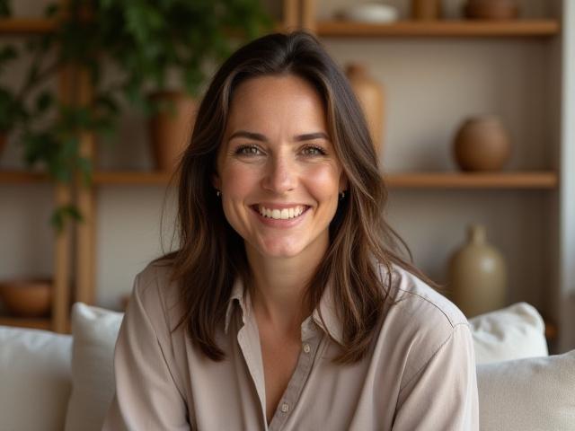 Cosmos Hearth founder, Elara Vance, seated in a thoughtfully designed living space with natural light.