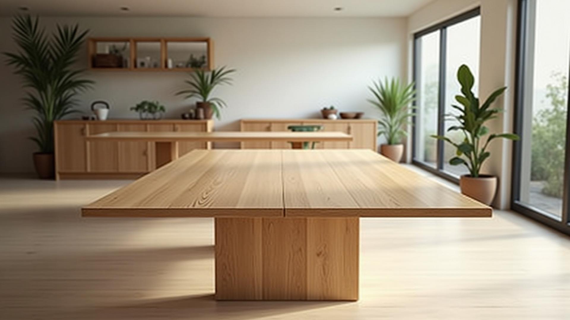 Elegant bespoke dining table crafted from light oak, set in a modern, sunlit dining room with minimalist decor.