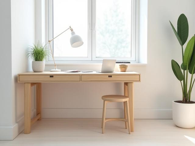 A minimalist bespoke desk made from light ash with integrated cable management, positioned in a bright home office.