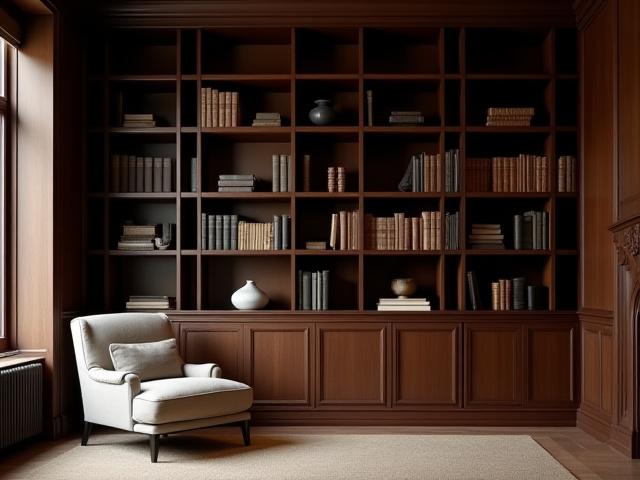 A custom-built, floor-to-ceiling library shelving system in a rich walnut finish, filled with books and decorative objects.