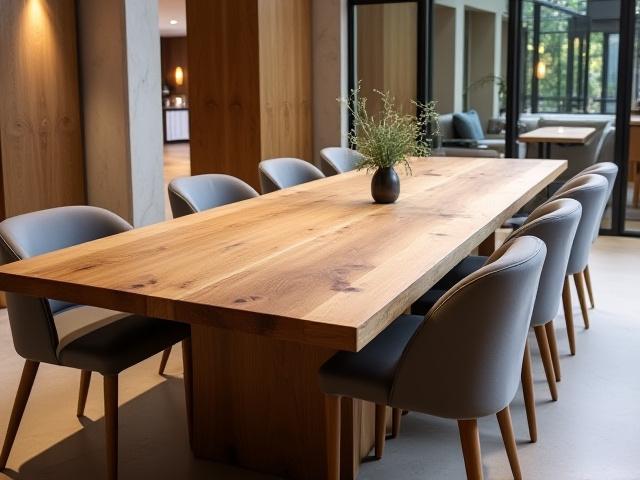 A large, robust dining table crafted from beautifully weathered reclaimed elm wood, seating eight.