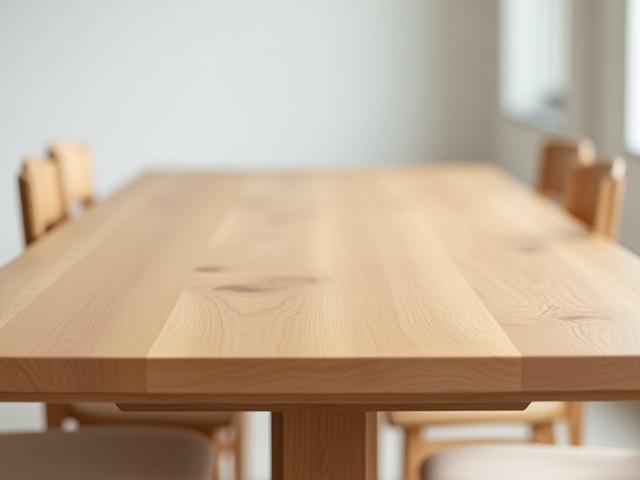 Solid oak dining table with a smooth, matte finish, highlighting natural wood grain, zero-VOC.