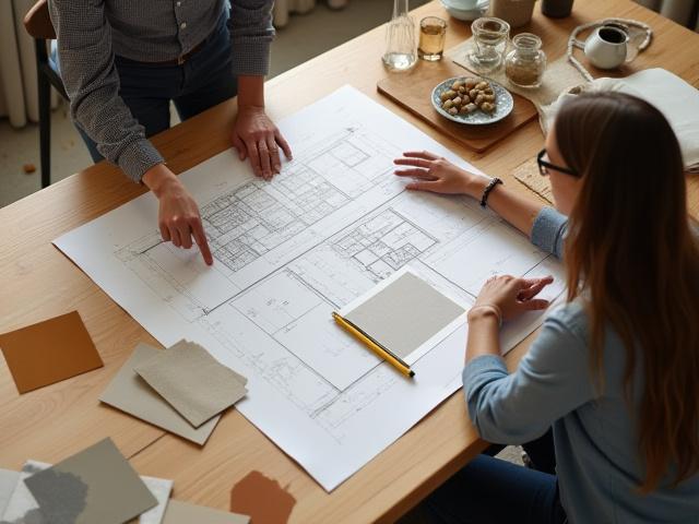 An interior designer and client reviewing design plans and material samples