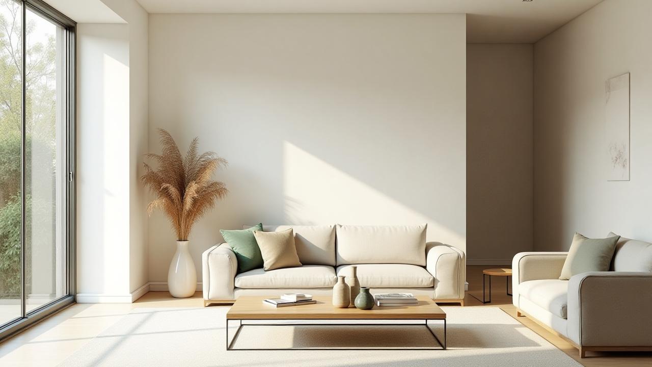 A serene living room, designed with minimalist aesthetics and natural materials, showcasing a harmonious and calming atmosphere with soft light through large windows.