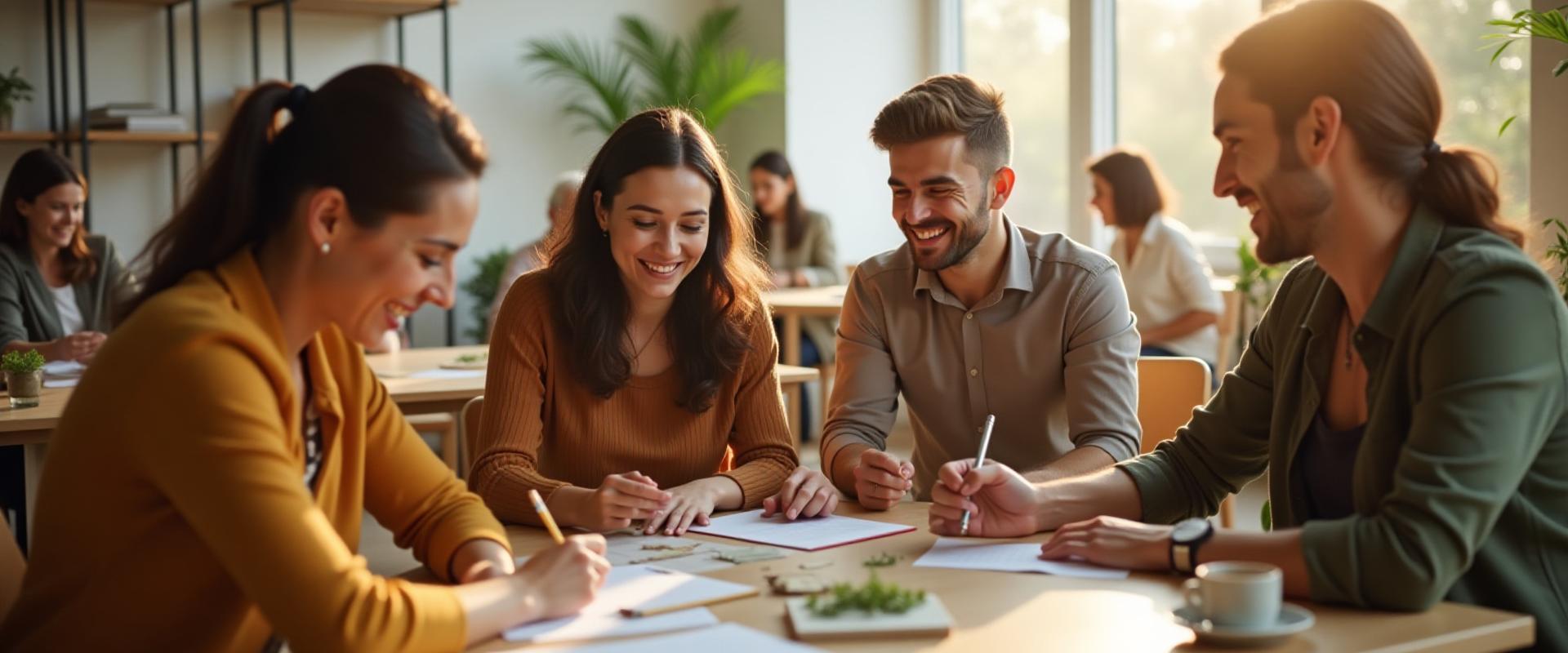 Participants smiling and engaging in a bright, modern workshop session on mindful living and sustainable home design in London