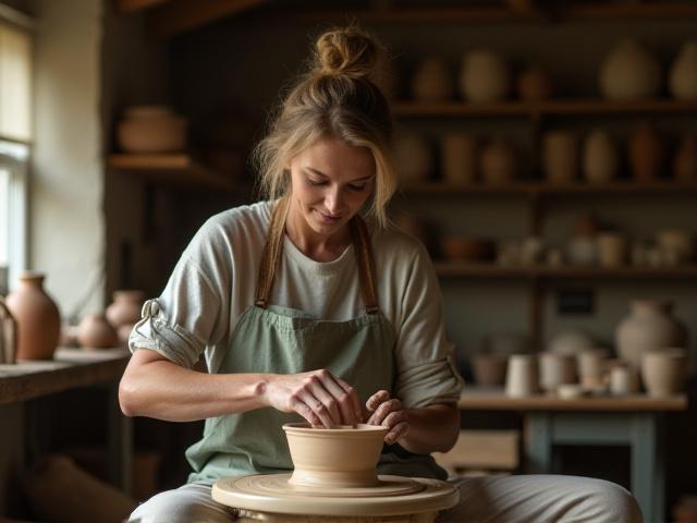 Eleanor Vance, a potter, focused intently on her work at a pottery wheel in her rustic Cornwall studio.